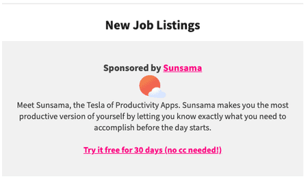 Screenshot of the sponsored slot in the front end remote jobs newsletter. It shows a sponsored by title, company logo, small blurb and call to action.